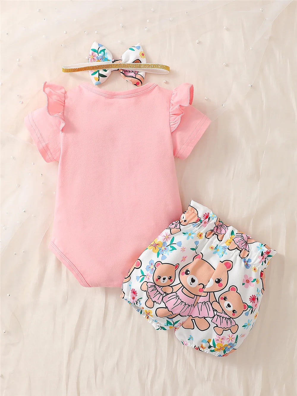 0-2Years Newborn Baby Girl Daily Clothes Set Cartoon Bear Short Sleeve Romper + Shorts with Headband Summer Lovely 3PCS Outfit Leedoar
