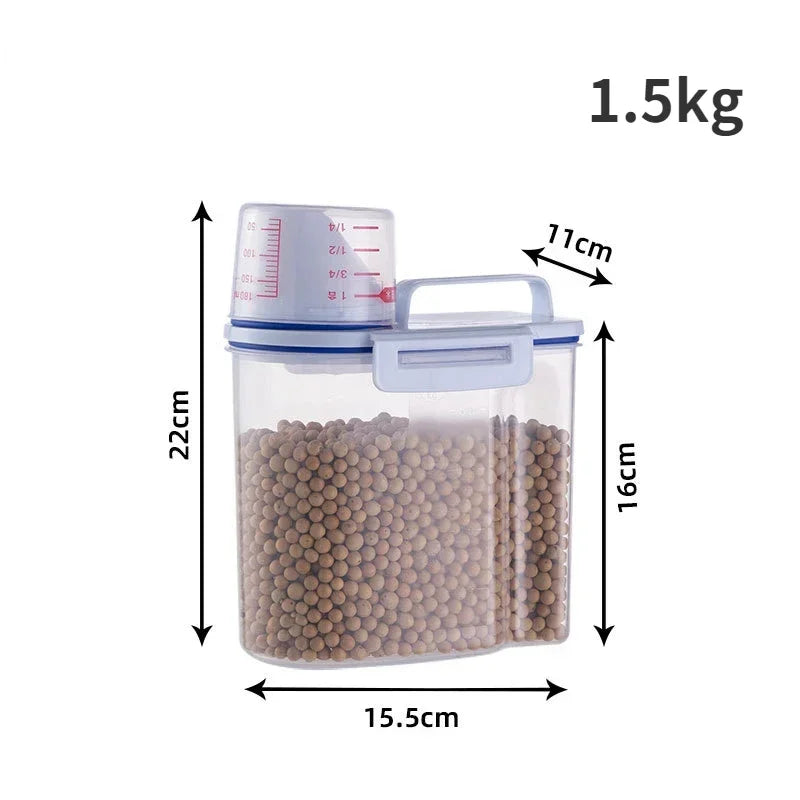 1.5kg/2kg Dog Cat Food Pail Plastic Storage Tank with Measuring Cup Container Moisture-proof Sealed Jar Pet Supplies Accessories Leedoar