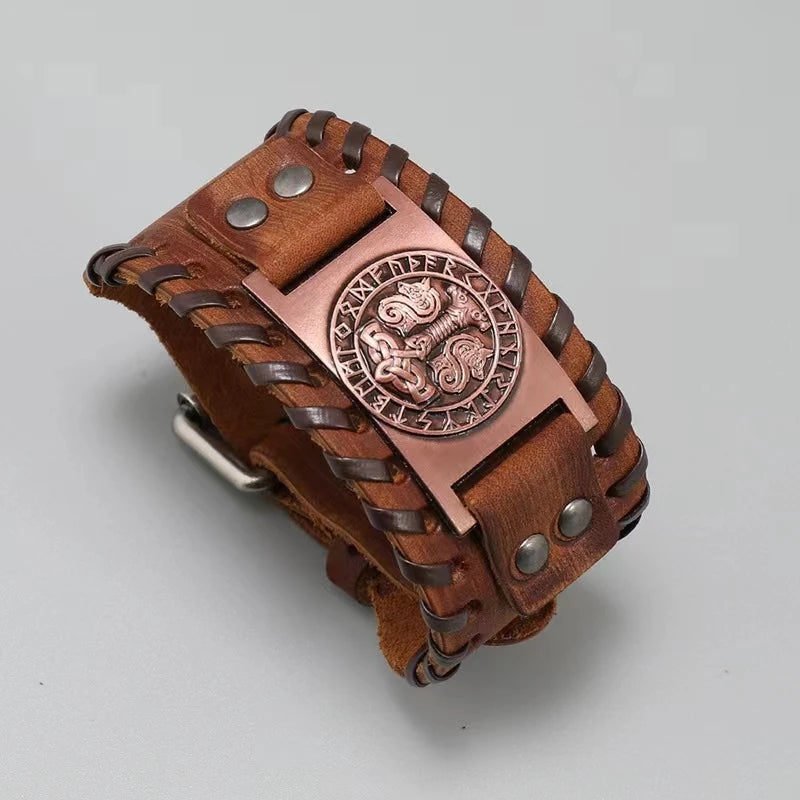 1 Piece of Retro High-end Ins Alloy Leather with a Sun Shaped Thor Hammer Buckle Style MEN'S FASHION Bracelet for Vacation Leedoar