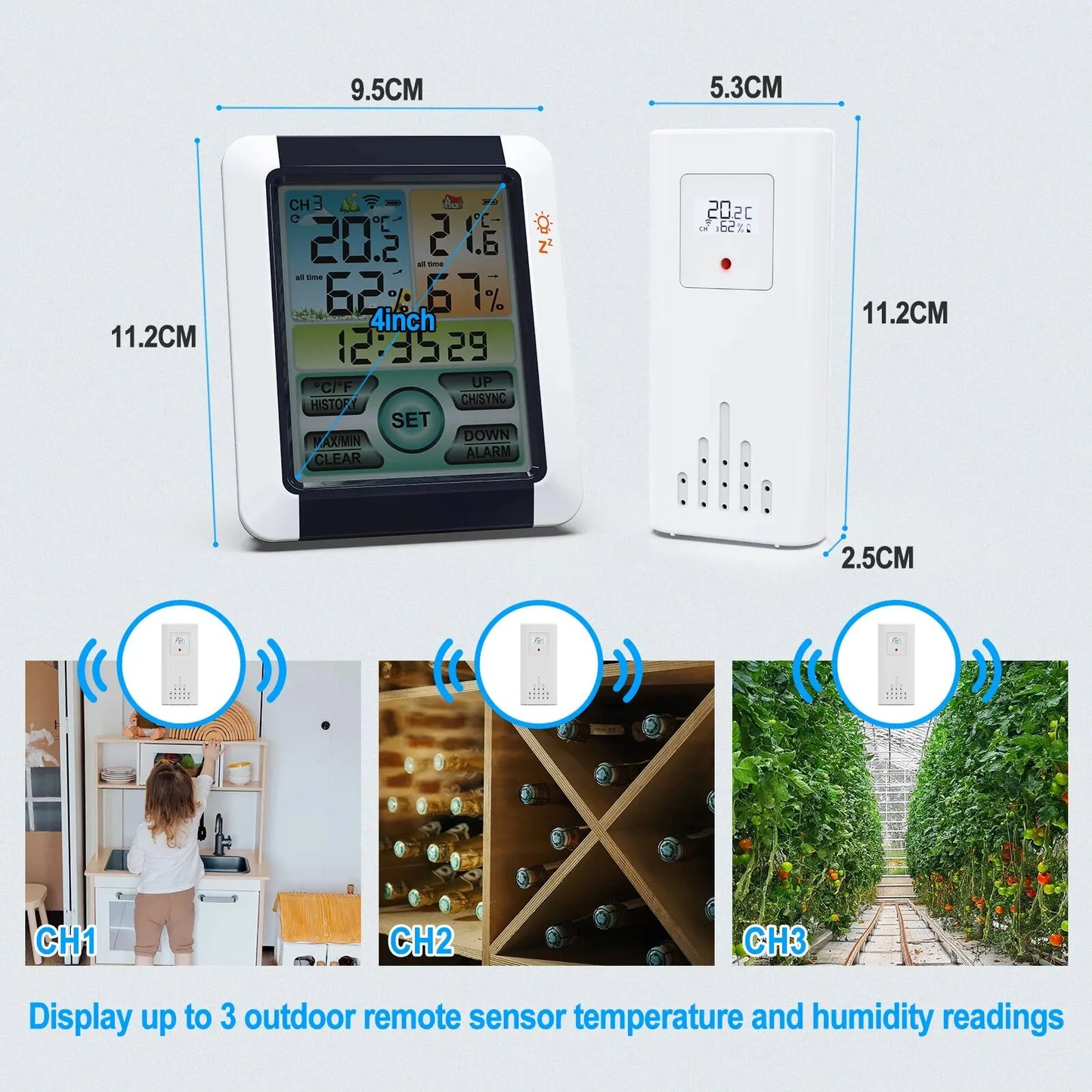 1 Set Indoor and Outdoor Wireless Temperature and Humidity Meter Color Large Screen Weather Clock LCD Touch Screen Display Leedoar