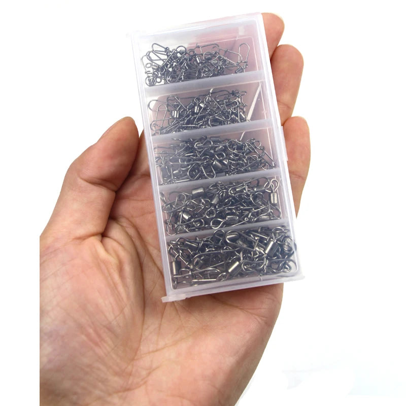 100pc/box Stainless Steel Fishing Connector Pin 4# 6# 8#10#12# Bearing Rolling Swivel with Snap Fishhook Lure Accessories PJ202 Leedoar