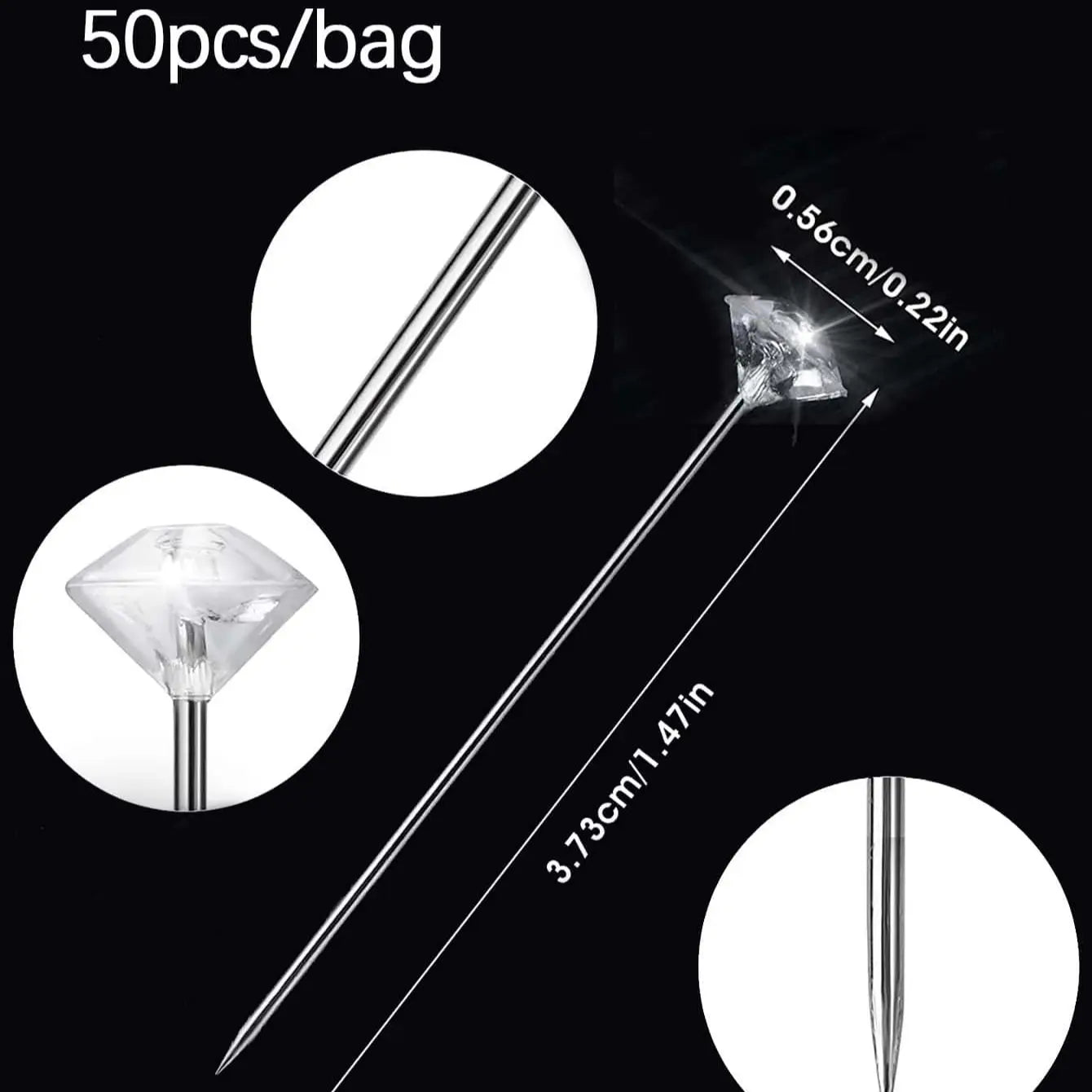 1Box 50Pcs Alloy Pins Transparent Diamond Pin DIY Wedding Bouquet Pins Stitching Needles Plastic Box Sewing Accessories Leedoar