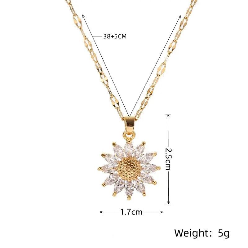 1PCS Gold-color Necklace Ladies Light Luxury Style Flower Pendant Inlaid Zirconia Titanium Steel Chain Holiday Jewelry Leedoar
