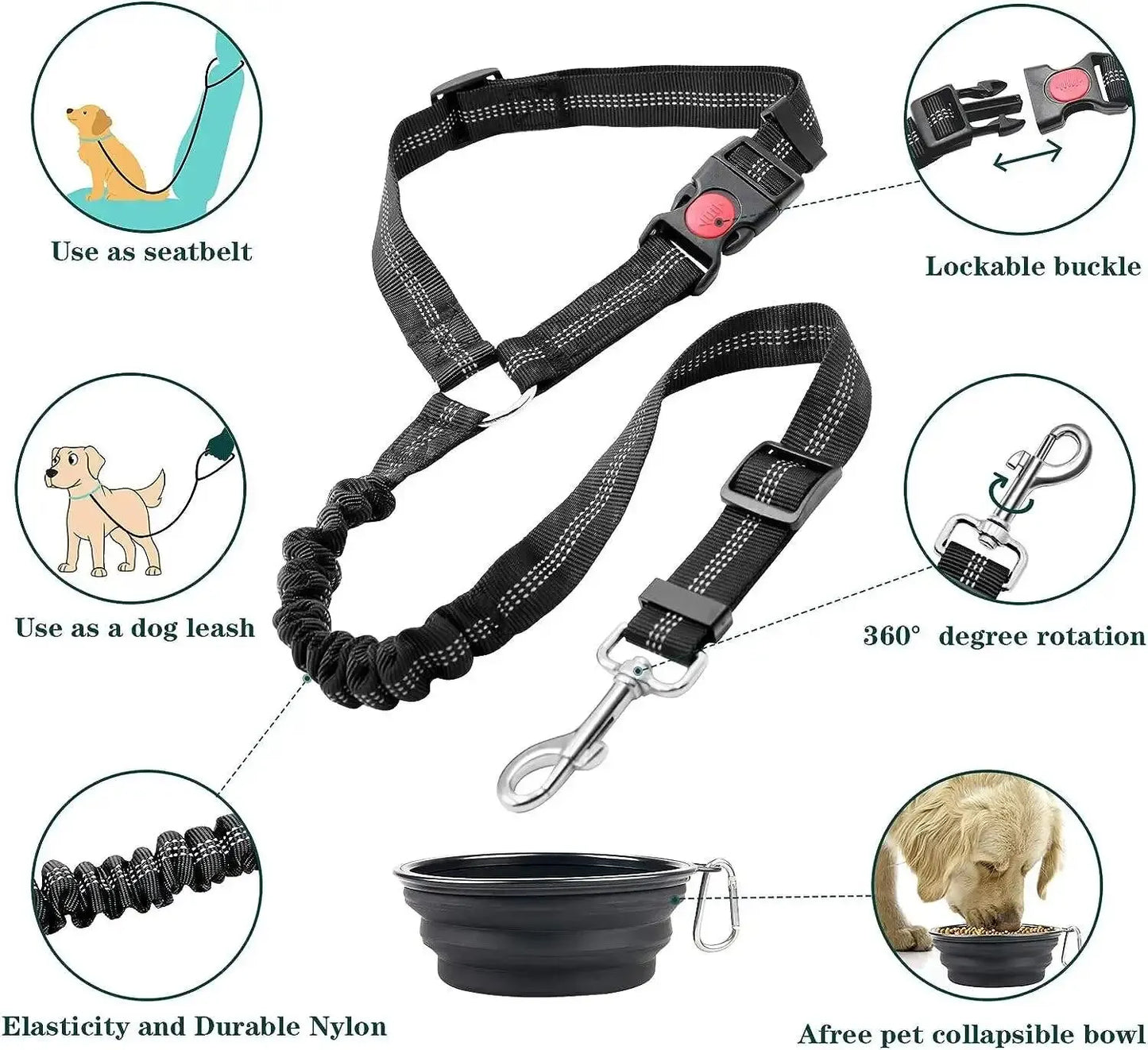 1PCS High Grade Dog Car Safety Belt Dog Safety Belt with Damping Belt and Reflective Line Adjustable Length Suitable Any Dog Leedoar