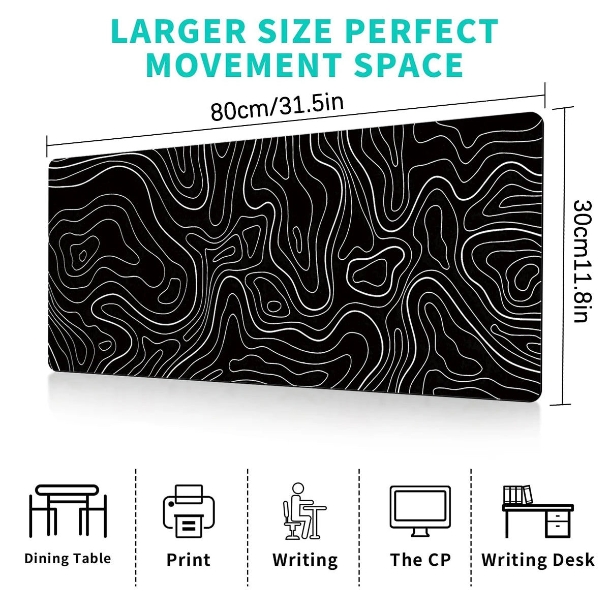 1Pcs Gaming Mouse Pad Large Keyboard Pad 31.5 x 11.8in Topographic Mouse Pad Black and White Mouse Pad for Keyboard with Anti-Sl Leedoar