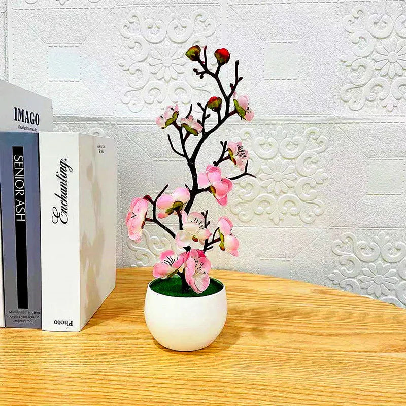 1pc Chinese Style Simulation Wintersweet With Flower Pot, Suitable For Living Room, Cabinet, Table Decoration Leedoar