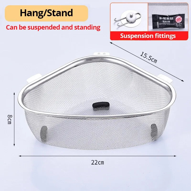 1pc Sink Triangle Drain Basket Stainless Steel Kitchen Residue Filter Net Basket Leakage Wash Vegetable Basket Storage Shelf Leedoar