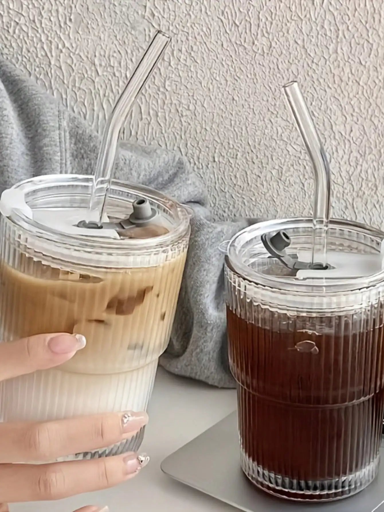 1pc, Vertical Striped Glass Cup, Iced Coffee Cup, Vintage Transparent Water Tea Milk Juice Mugs Cup, Wine Glasses For Cocktail, Leedoar