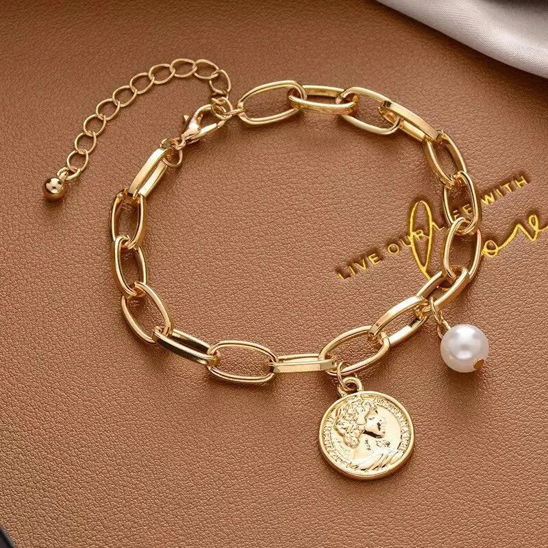 1pcs Gold-color Bracelet Ladies Simple Style Thick Cross Chain With Love Human Head Cross Pearl Pendant Leedoar