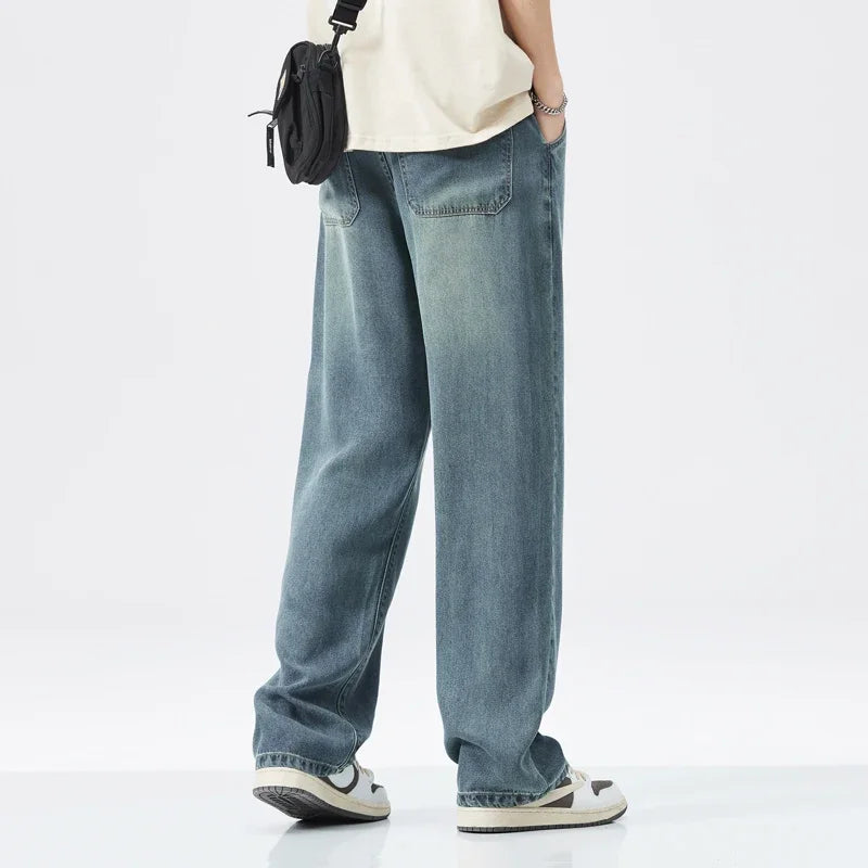 2024 New Lyocell Cozy Jeans Men Soft Fabric Vintage Street Denim Trousers Male Clothes Korea Baggy Straight Casual Pants Leedoar