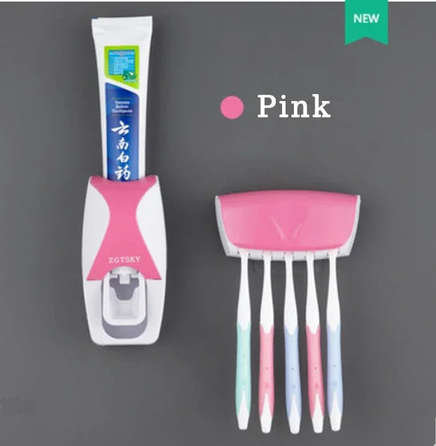 2PCS Automatic Toothpaste Dispenser Wall Mount Dust-proof Toothbrush Holder Wall Mount Bathroom Accessories Set Squeezer Leedoar