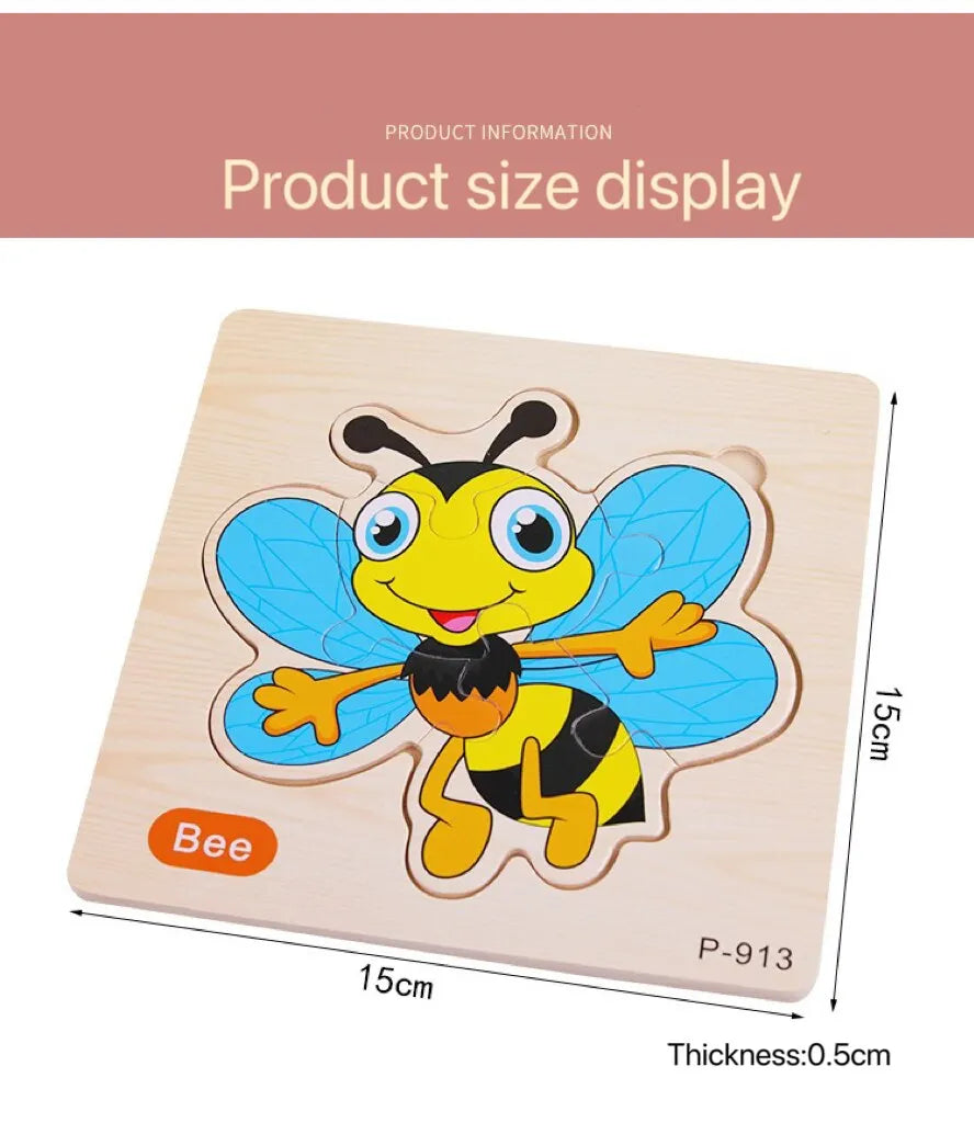 3 PCs Random Color Puzzle 3D Toys Early Education Wooden Cartoon Animal Puzzle Puzzle Infant Puzzle Board Toys Leedoar