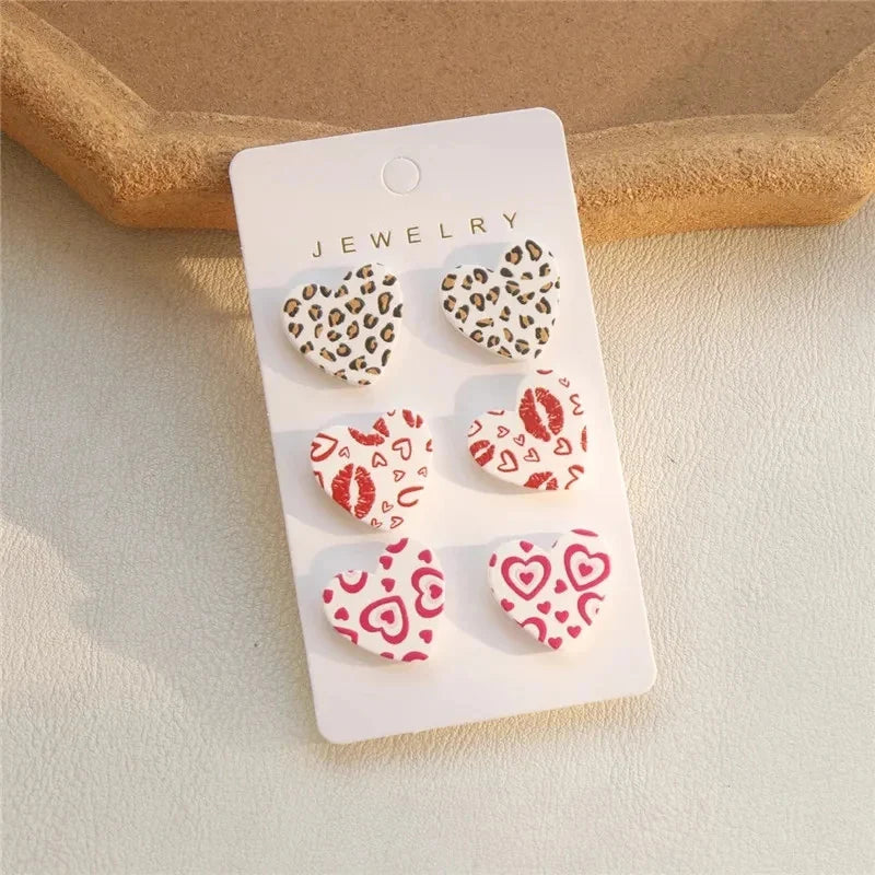 3 Pair Heart Shape Dot Print Women Earrings Trio Pink Black Red Color Heart Lovely Cute Girls Earring Set Sweet Gift Jewelry Set Leedoar