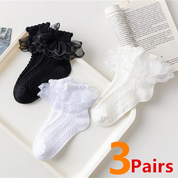 3 Pairs/Lot Summer Girls Socks Baby Kids Ruffle Sock Cute Children Frilly White Black Lace Cotton Socks For 1-10Years Leedoar