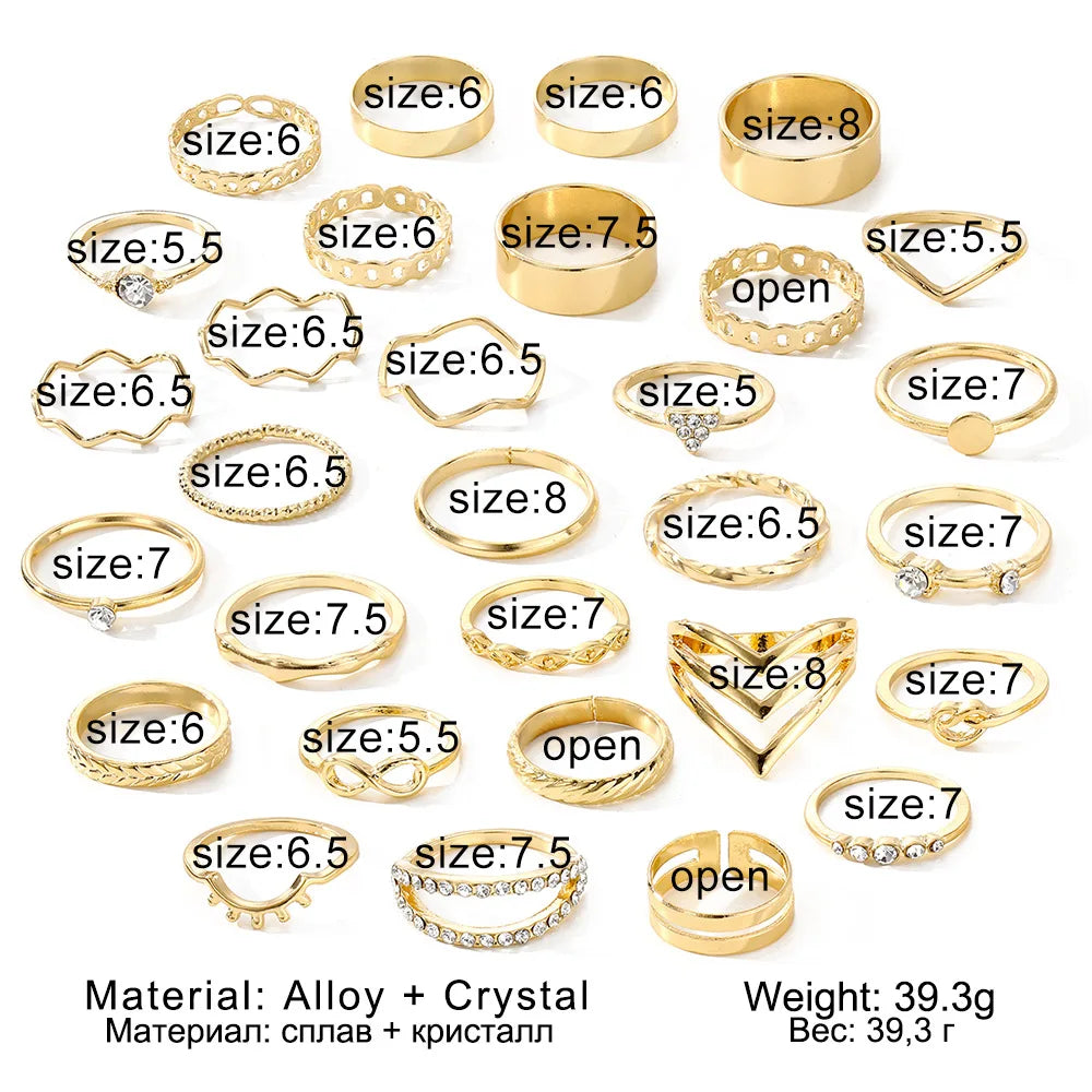 30pcs Elegant Stacking Rings Trendy Infinity / Chain / Knot Design Inlaid Rhinestone Golden Daily Outfits Party Accessories Leedoar