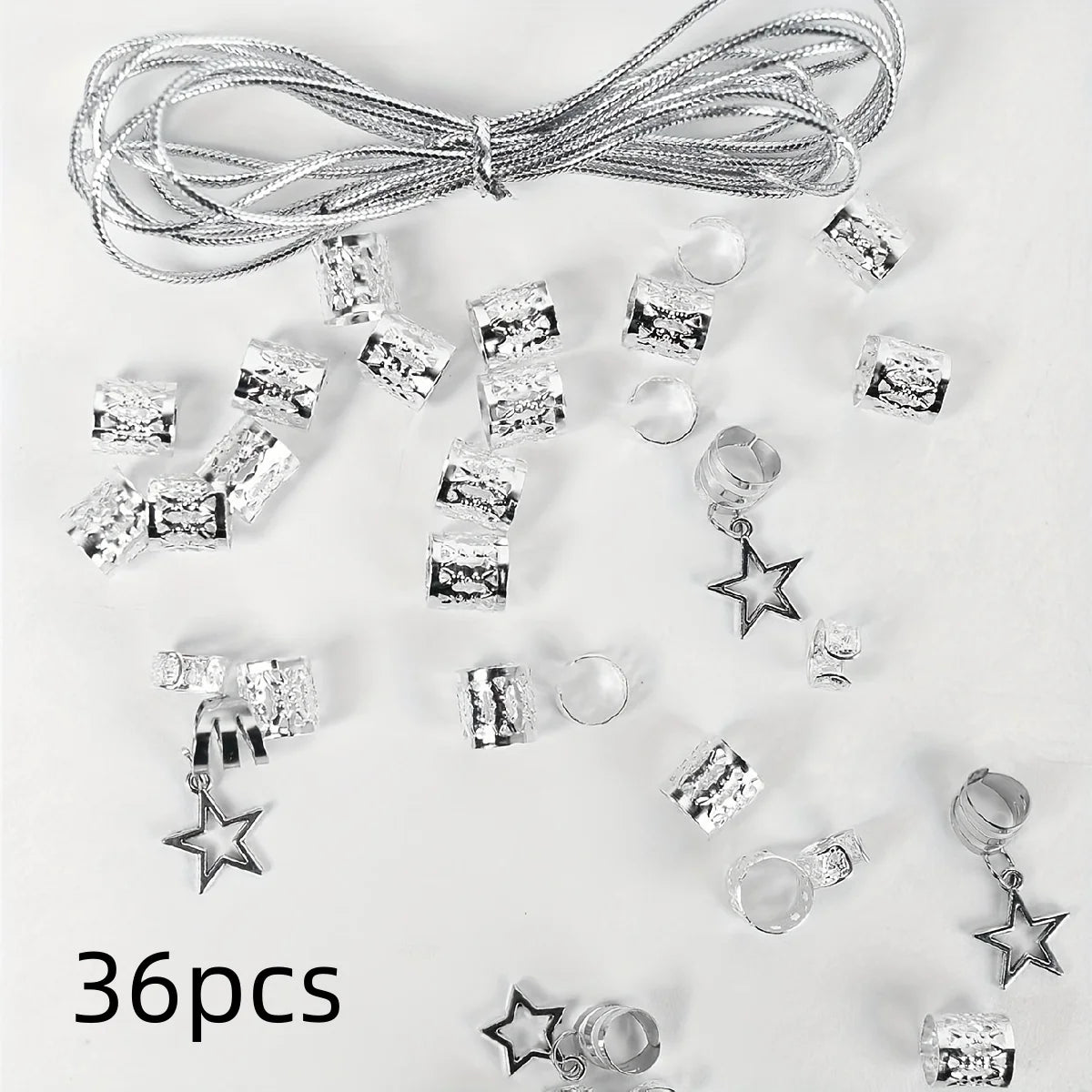 36pcs Star Decor Hair Ring Accessories ,Beads Hair Braid Rings Clips Dread Locks Hair Braiding Metal Cuffs Decoration Leedoar