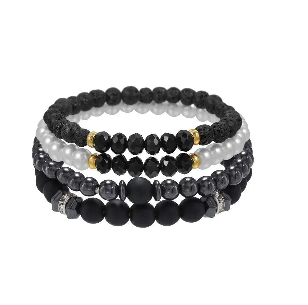 4Pcs/Set Black Gall Stone Volcanic Stone Wood Beads Multi-layer Men's Combination Elastic Bracelet For Couple Friends Jewelry Leedoar
