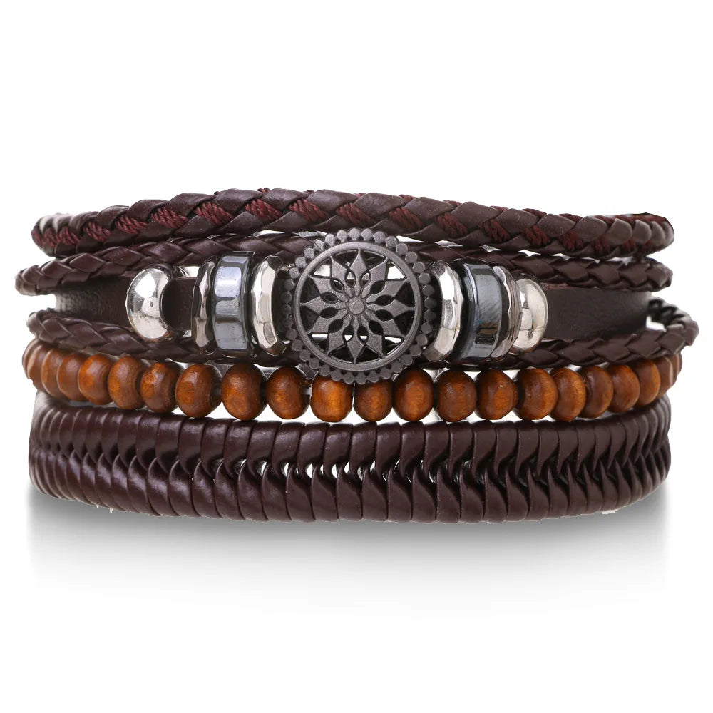 4Pcs/ Set Braided Wrap Leather Bracelets for Men Vintage Life Tree Rudder Charm Wood Beads Ethnic Tribal Wristband Rope Bracelet Leedoar