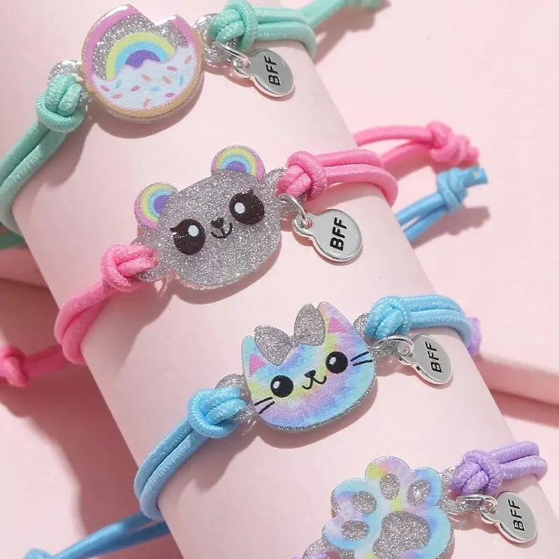 4pcs Cute Kitten Bear Donut Elastic Rope BFF Good Friends Kids Bracelet Hair Rope Leedoar