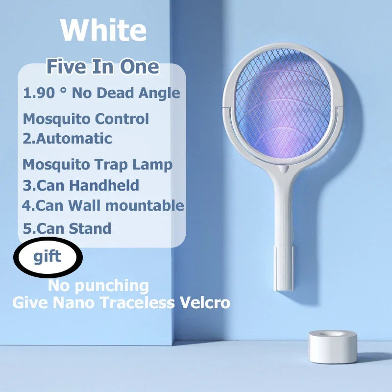 5 IN 1 Electric Mosquito Swatter 365nm UV Light Killer Lamp Racket USB Charging Summer Fly Trap Bug Zapper 90° Rotatable Shocker Leedoar