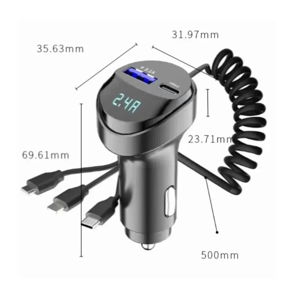 55W 2-Port USB Fast Car Phone Charger 3.1A With Voltage Display Car 3 in 1 USB Retractable Charging Cable Leedoar