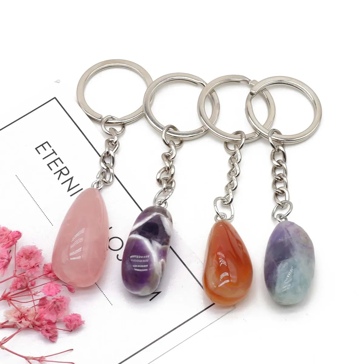 5pcs Natural Stone Cute Keychains Stainless Steel Car Keychain Accessories Reiki Crystal Irregular Shape Pendant Handbag Decor Leedoar