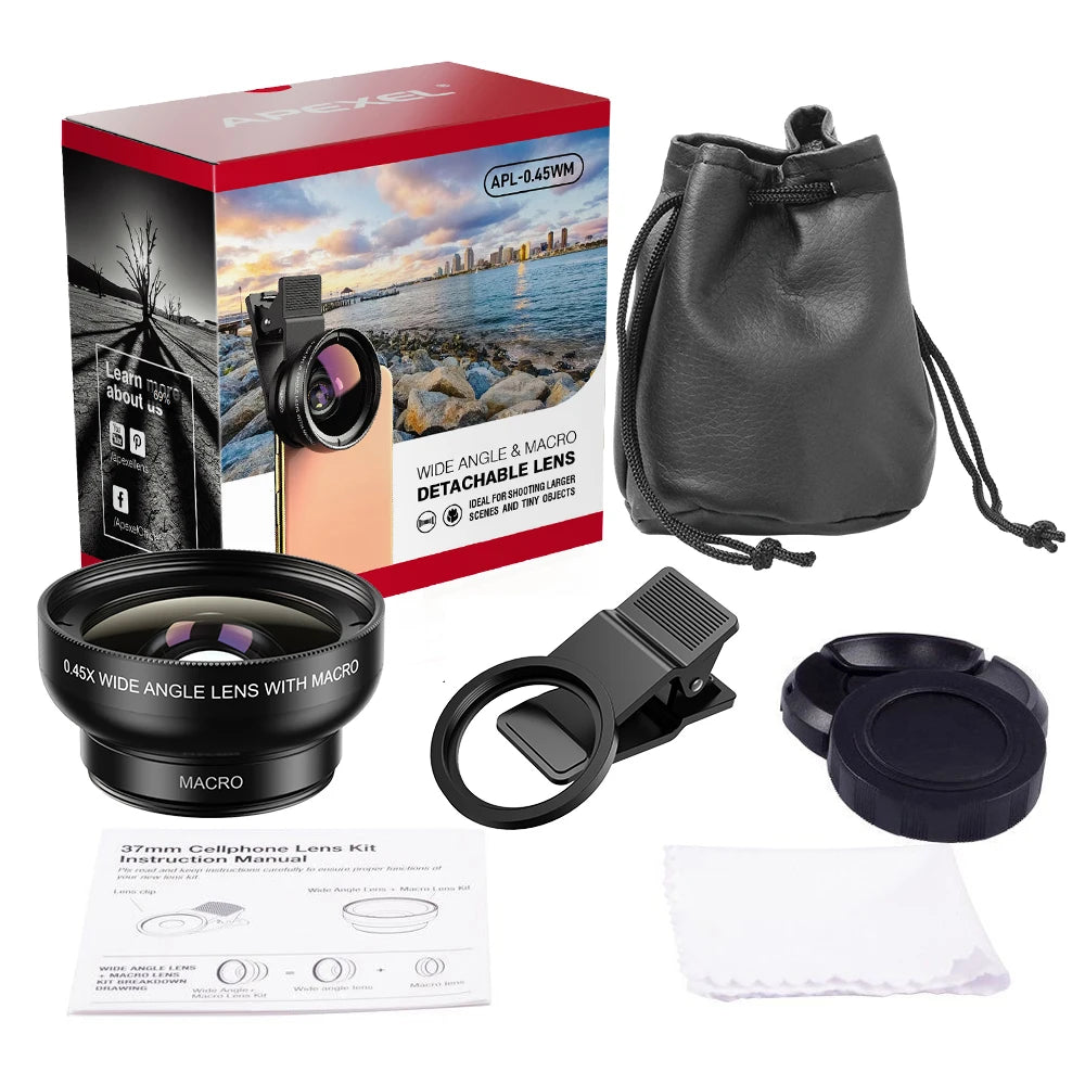 APEXEL New HD 37MM 0.45x Super Wide Angle Lens with 12.5x Super Macro Lens for iPhone Samsung Smartphones Camera Phone lens Kit Leedoar