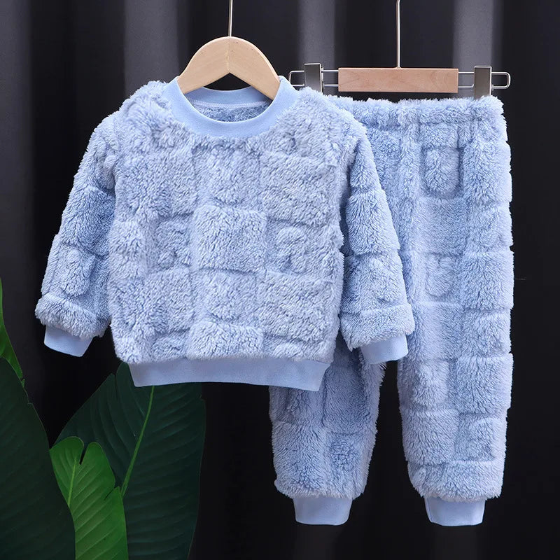 Autumn Winter Sleepwear Flannel Pajamas For Girls Boys Long Sleeve Tops+Pants Suits Fashion Home Clothing Baby Kid Sleep Costume Leedoar