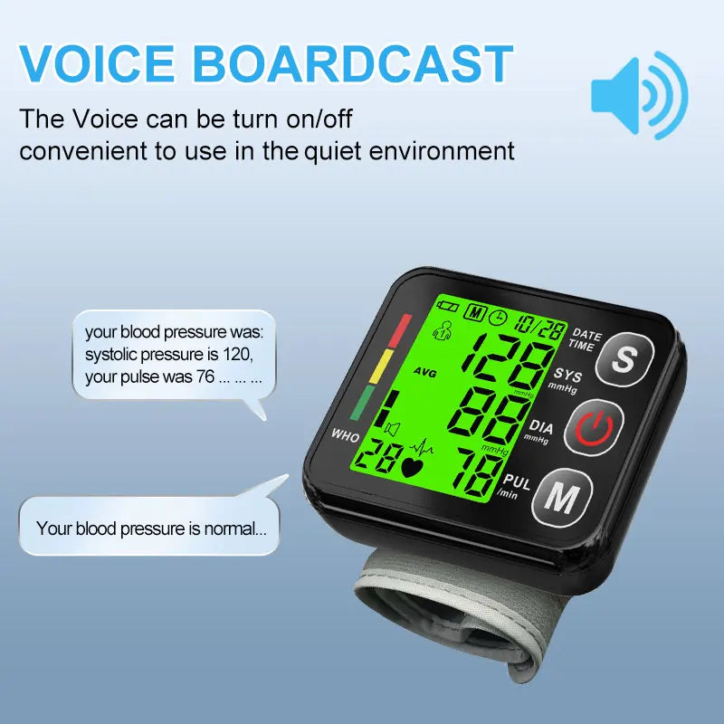 Backlit LCD Wrist Blood Pressure Monitor 3Colors Digital Sphygmomanometer Heart Rate Arrhythmia Pulse BP Monitor Leedoar