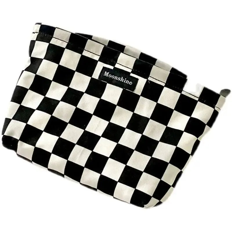Black And White Plaid Cosmetic Bag Large Capacity Cosmetic Storage Bag Portable Versatile Checkerboard Toiletry Bag Leedoar