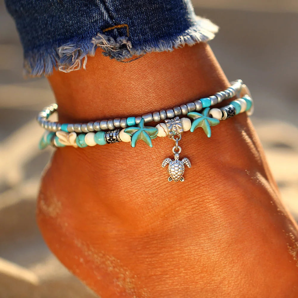 Bohemian Shell Starfish Summer Beach Anklets for Women Tortoise Ankle Bracelet on Leg Girls Barefoot Handcraft Chain Jewelry Leedoar