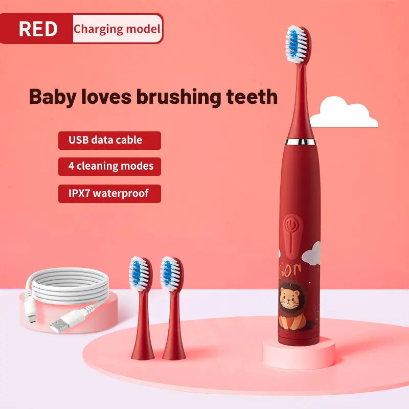 Children's Electric Toothbrush Colorful Cartoon With Replacement Heads Ultrasonic Rechargeable Soft Hair Cleaning Brush for Kids Leedoar