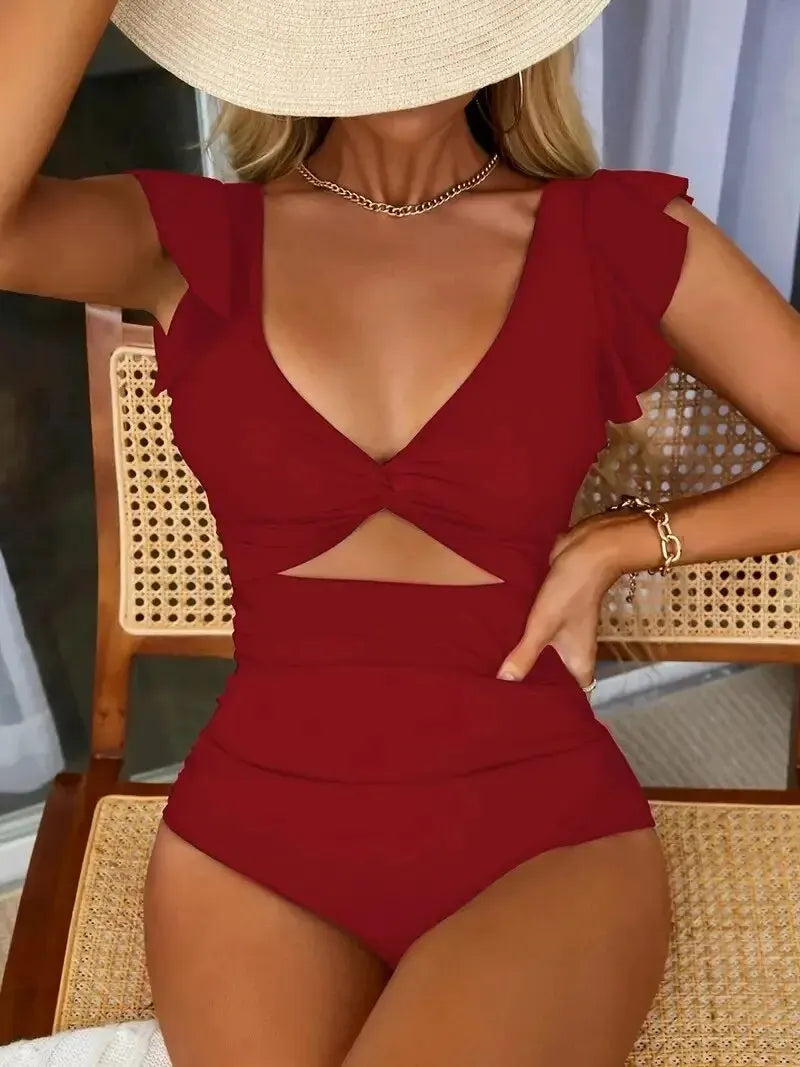 Contrast Mesh One Piece Swimsuit, V Neck Solid Color Backless Tummy Control High Cut Bathing Suit, Women's Swimwear & Clothing Leedoar