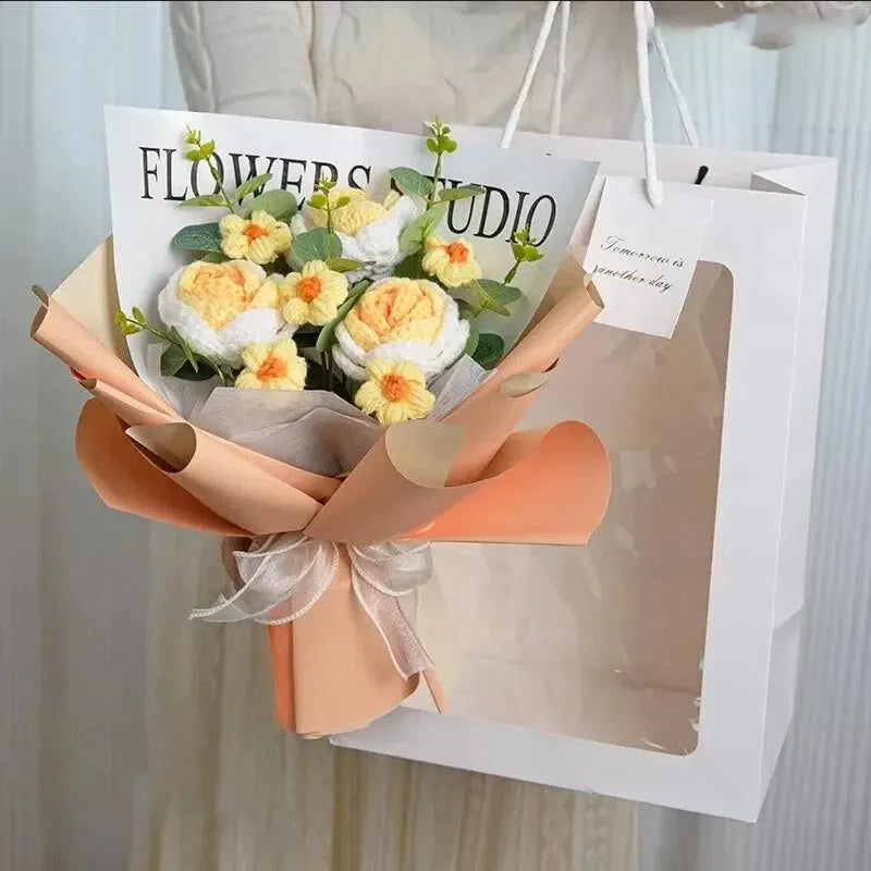 Crochet Flowers Bouquet Sunflower Knitted Flowers Handmade Rose Flower Bouquet New Year Christmas Gift Wedding Decor Crochet Flo Leedoar