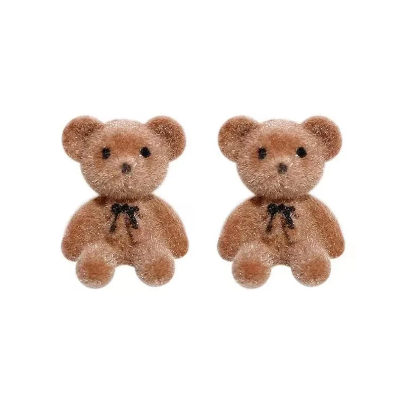 Cute Flocking Plush Rabbit Bear Stud Earrings Kawaii Brown Khaki Animal Earrings For Women Girls Korean Earring Jewelry Leedoar