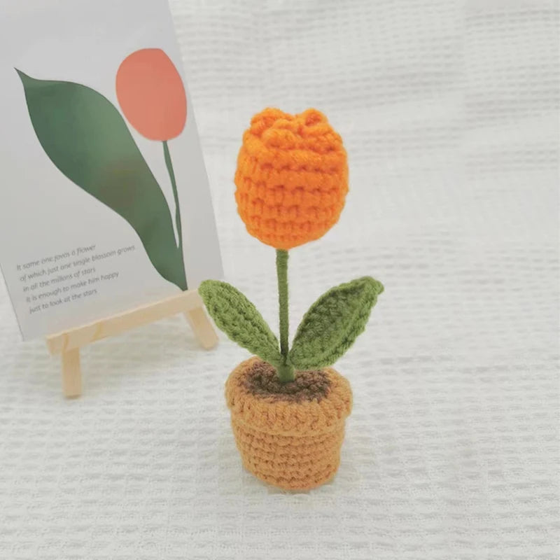 DIY Handwoven Mini Potted Flower Rose Office Desktop Ornamental Potted Plants Woolen Thread Finished Product Home Decoration Leedoar