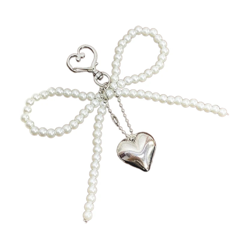 Delicate Beaded Key Chain Handmade Bow Shaped Keyring Heart Keychain Ornament Pearl Decoration For Bags And Phones Leedoar