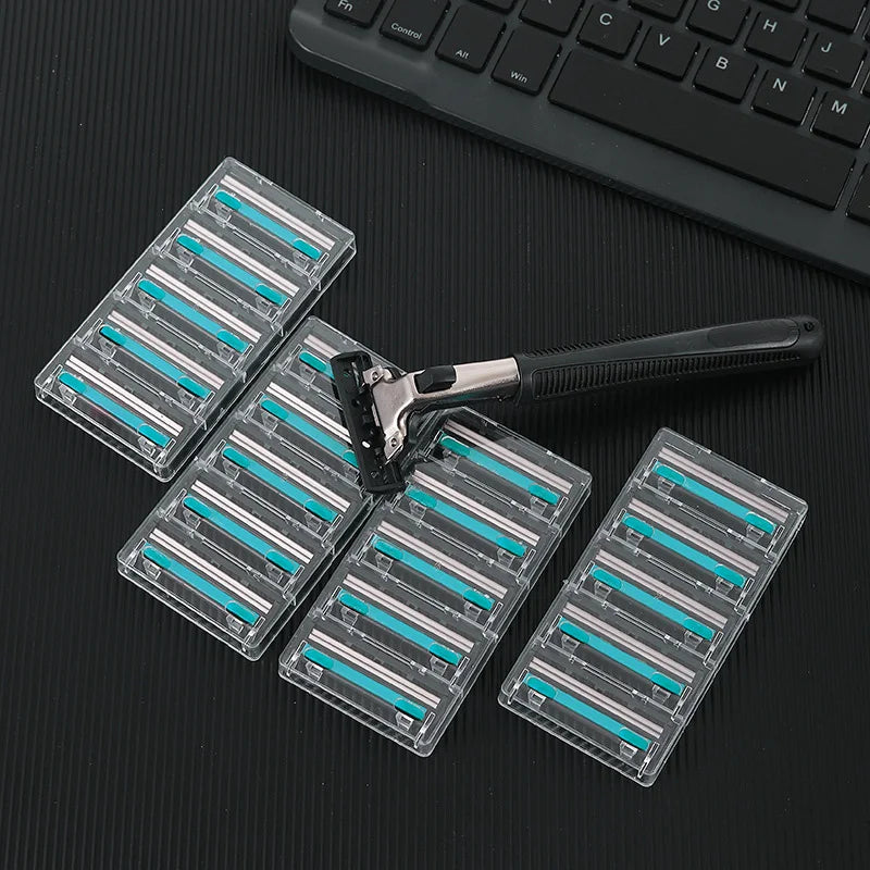 Double Razor Blades Replaceable Heads Old Manual Fine Razor Men's Shaving Razor 1 Blade Frame 20 Heads Leedoar