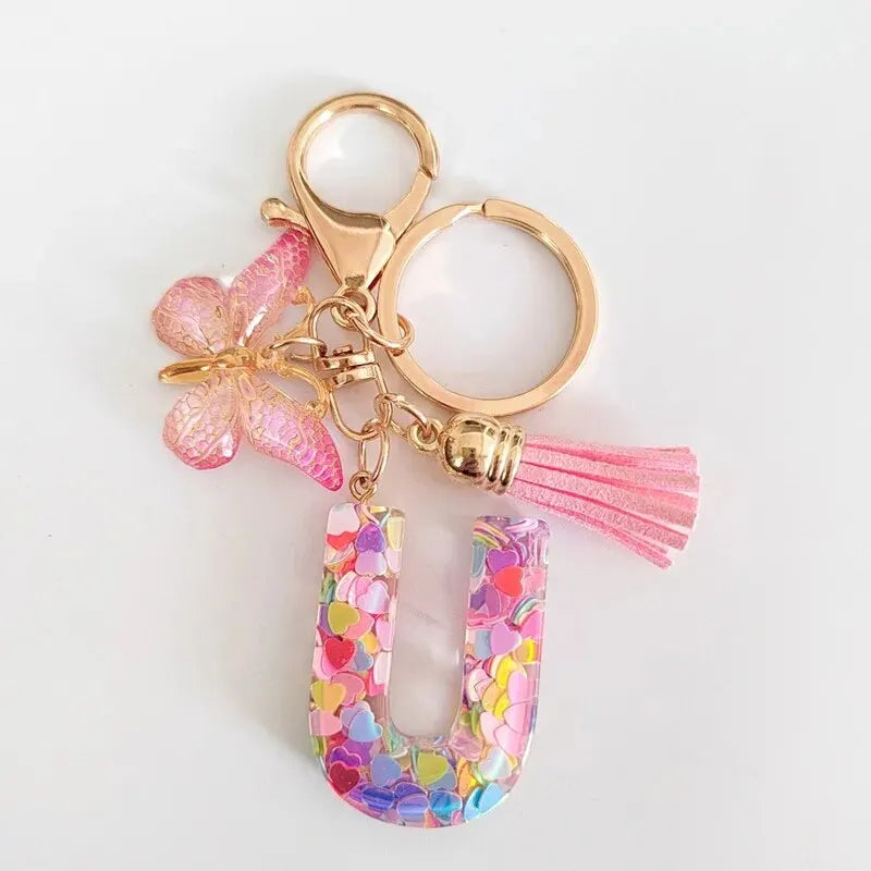 Fashionable New Resin Keychain Pink Glitter Dropper English Letter Keychain Pendant Butterfly Tassel Accessory Holiday Keychain Leedoar