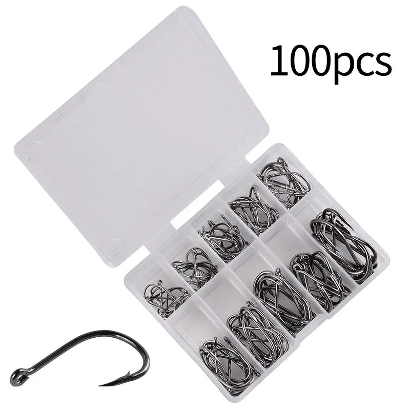 Fishing Hooks Set 100Pcs Box 10 Series High Carbon Steel Single Circle Fishing Hook Fly Fishing Jip Barbed Carp Hooks Leedoar