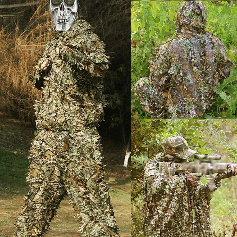 Ghillie Suit Men Women Kids 3D Leafy Bionic Camouflage Hunting Clothing CS Shooting Suit Tactical Combat Clothes Set Leedoar