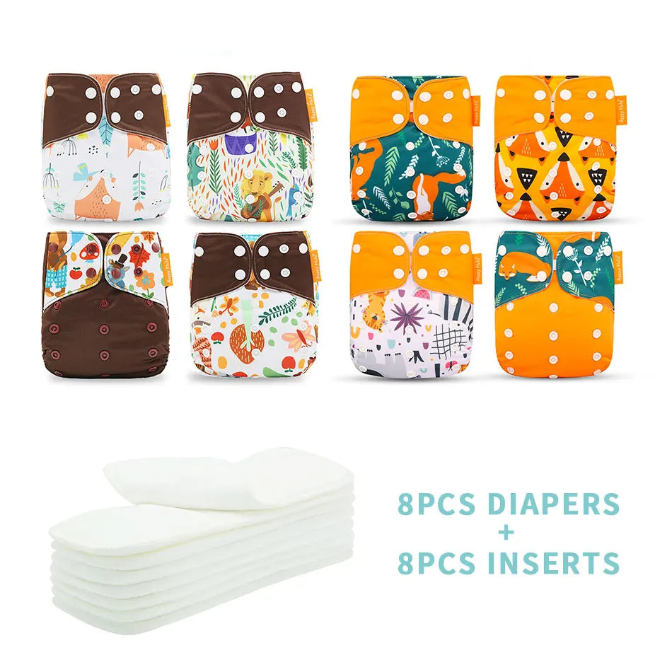 HappyFlute 8 diapers+8 Inserts Baby Cloth Diapers One Size Adjustable Washable Reusable Cloth Nappy For Baby Girls and Boys Leedoar