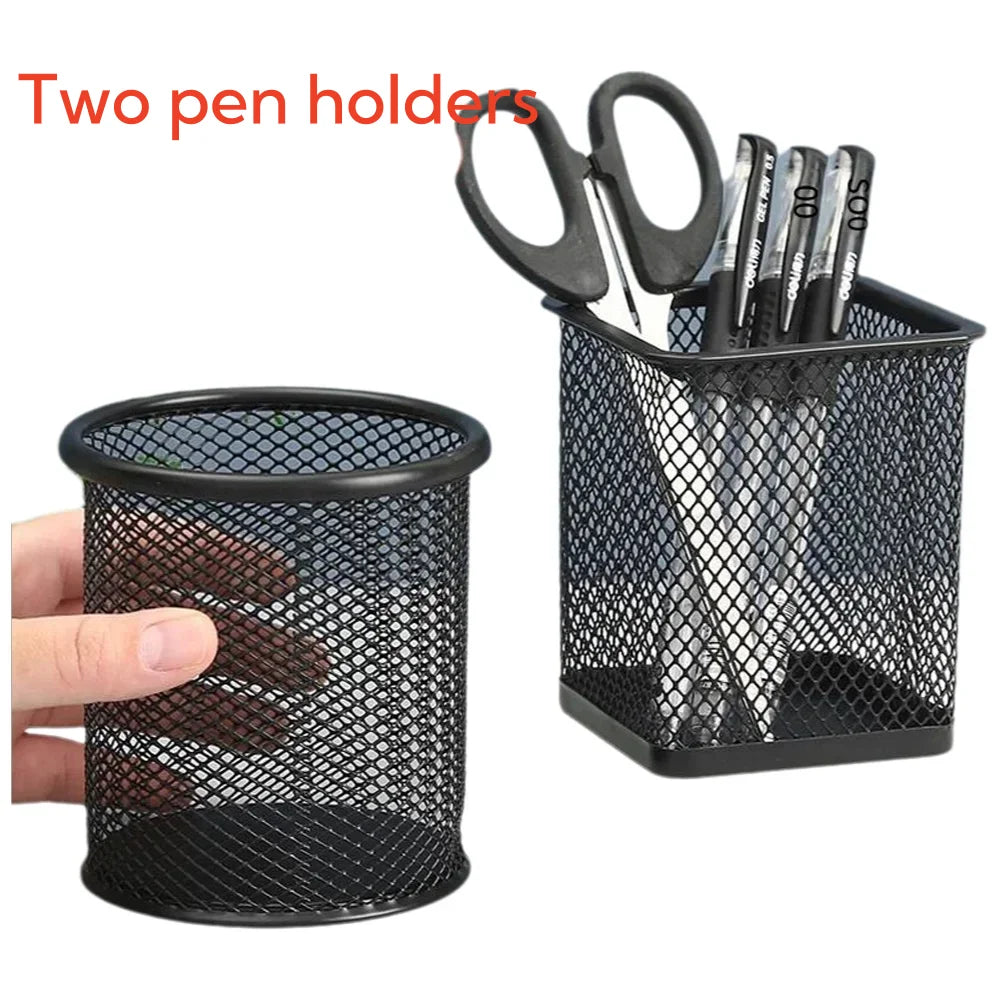 Iron pen holder hollow desktop storage bucket Student stationery multi-functional office black color round square pen holder Leedoar
