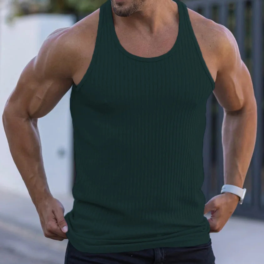 Large Size Men's Sleeveless Summer Knitted Vertical Stripe Fitness Sports Leisure Slim Men's Vest Men's L-Line Vest Men's Leedoar