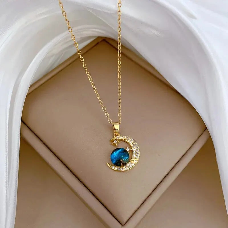 Light Luxury Titanium Steel Star Series Necklace for Women Gold Color Planet Moon Astronaut Pendant Necklaces Jewelry Gifts Leedoar