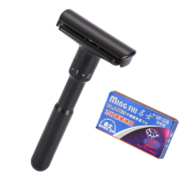 Mingshi Adjustable Safety Razor Double Edge Classic Men Shaving Mild to Aggressive 1-6 File Hair Removal Shaver it with 5 Blades Leedoar