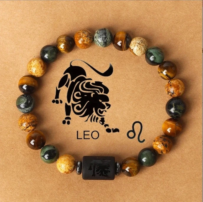 Natural Stone Tiger Eye Picture Jasper Round Beads 12 Constellation Bracelet for Men and Women Leedoar