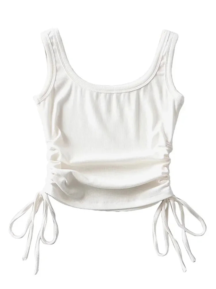 New Arrival Girls Casual Solid Colour Two Side Drawstring Vest Folds Shirring Sexy Tank&Camis Leedoar