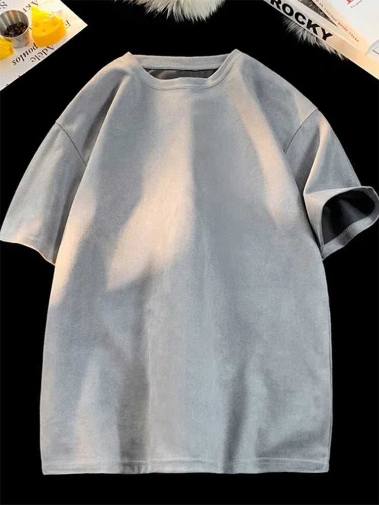 New Retro Suede T-shirt Men Women Anti-wrinkle Loose Crew Neck Casual TShirts Summer Short Sleeve Fashion High Street T Shirt Leedoar