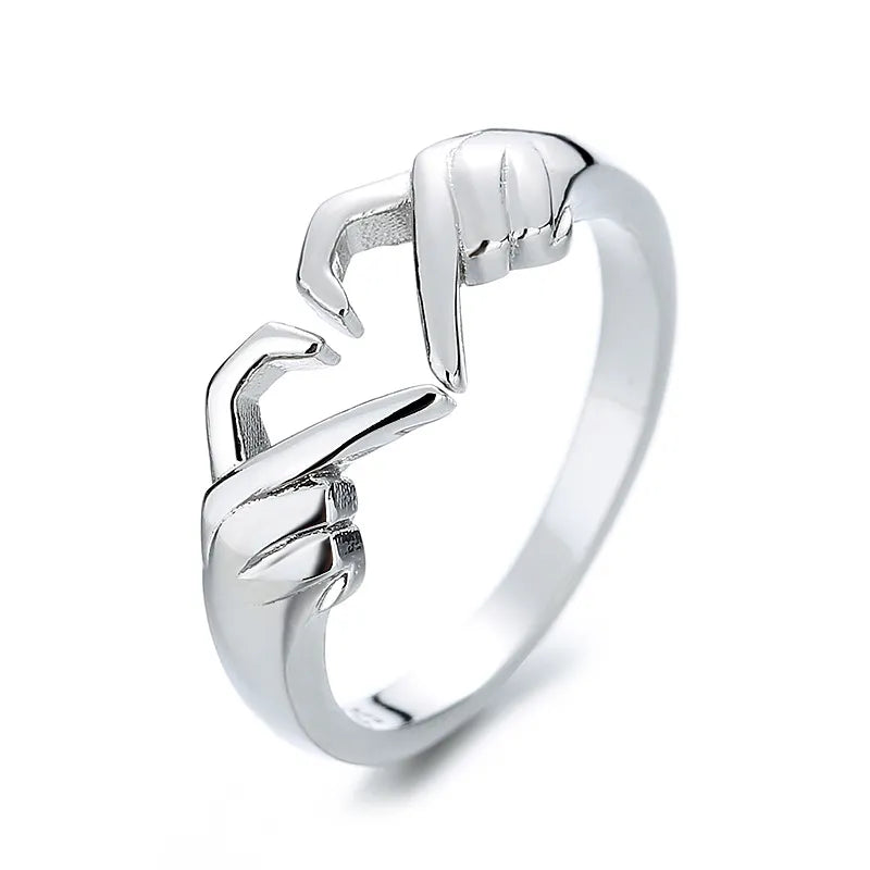 New Romantic Love Hand with Heart Shaped Ring Creative Couple Silver Color Adjustable Open Rings Personality Party Jewelry Gift Leedoar